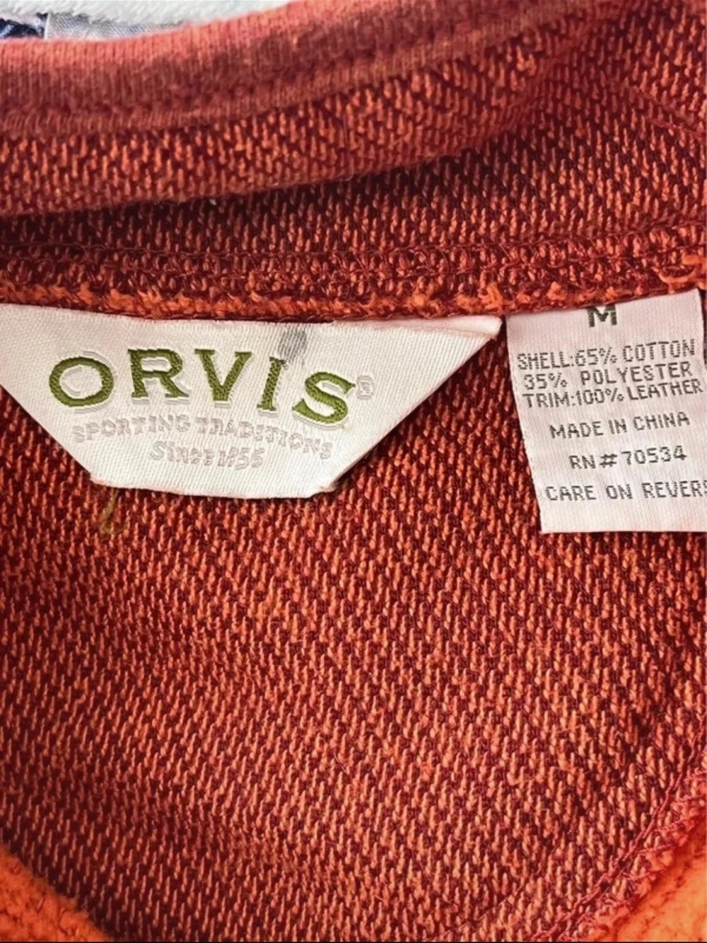 Orvis Womens Medium Rust Orange Fleece Cardigan Sweater Leather Elbow Patches